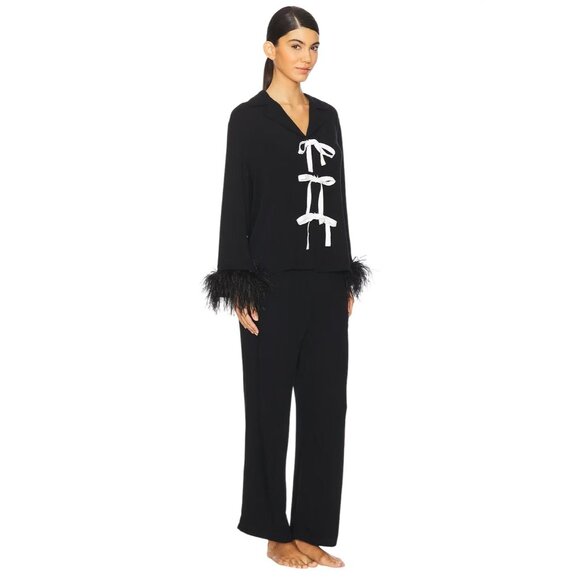 Sleeper Party Pajama Set Bows And Feathers in Black Small New Womens Pants Top - Picture 4 of 17